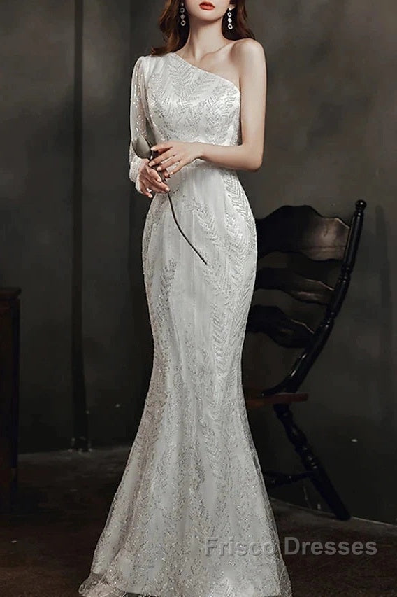 Long Sleeve Sequin Champagne Formal Prom Dress