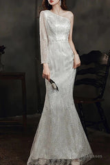 Long Sleeve Sequin Champagne Prom Dress