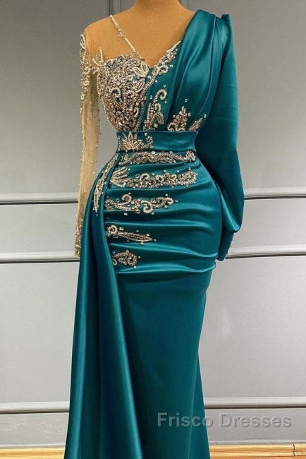 Long Sleeve Sheer Beading Ruched Satin Green Trumpet Mermaid Formal Prom Dress