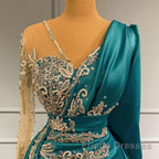Long Sleeve Sheer Beading Ruched Satin Green Trumpet Mermaid Formal Prom Dress