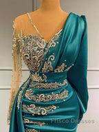 Long Sleeve Sheer Beading Ruched Satin Green Trumpet Mermaid Formal Prom Dress