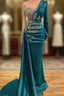Long Sleeve Sheer Beading Ruched Satin Green Trumpet Mermaid Formal Prom Dress