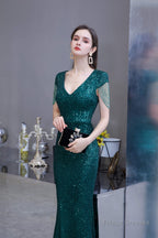 Long Sleeve V Neck Lace Prom Dresses Thin Cap Sleeve