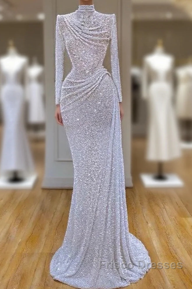 Long Sleeve White Sequin Pleated Long Formal Prom Dress Main image