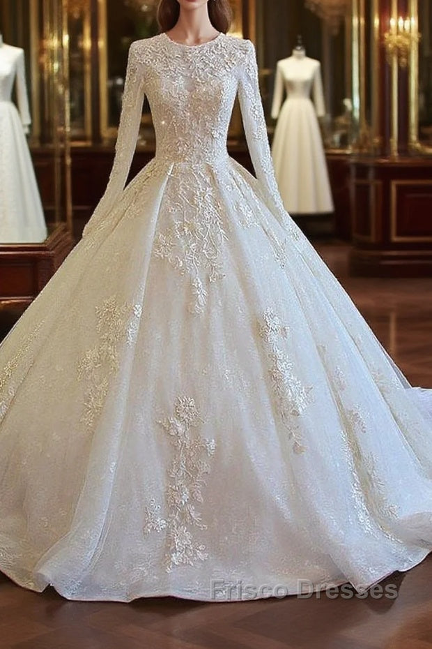 Long Sleeved Ball Gown Satin Wedding Dress With Lace Flowers Main image