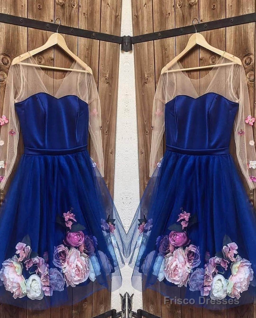 Long Sleeves 3D Floral Short Blue Prom Dresses, Short Blue Formal Graduation Homecoming Dresses Secondary image