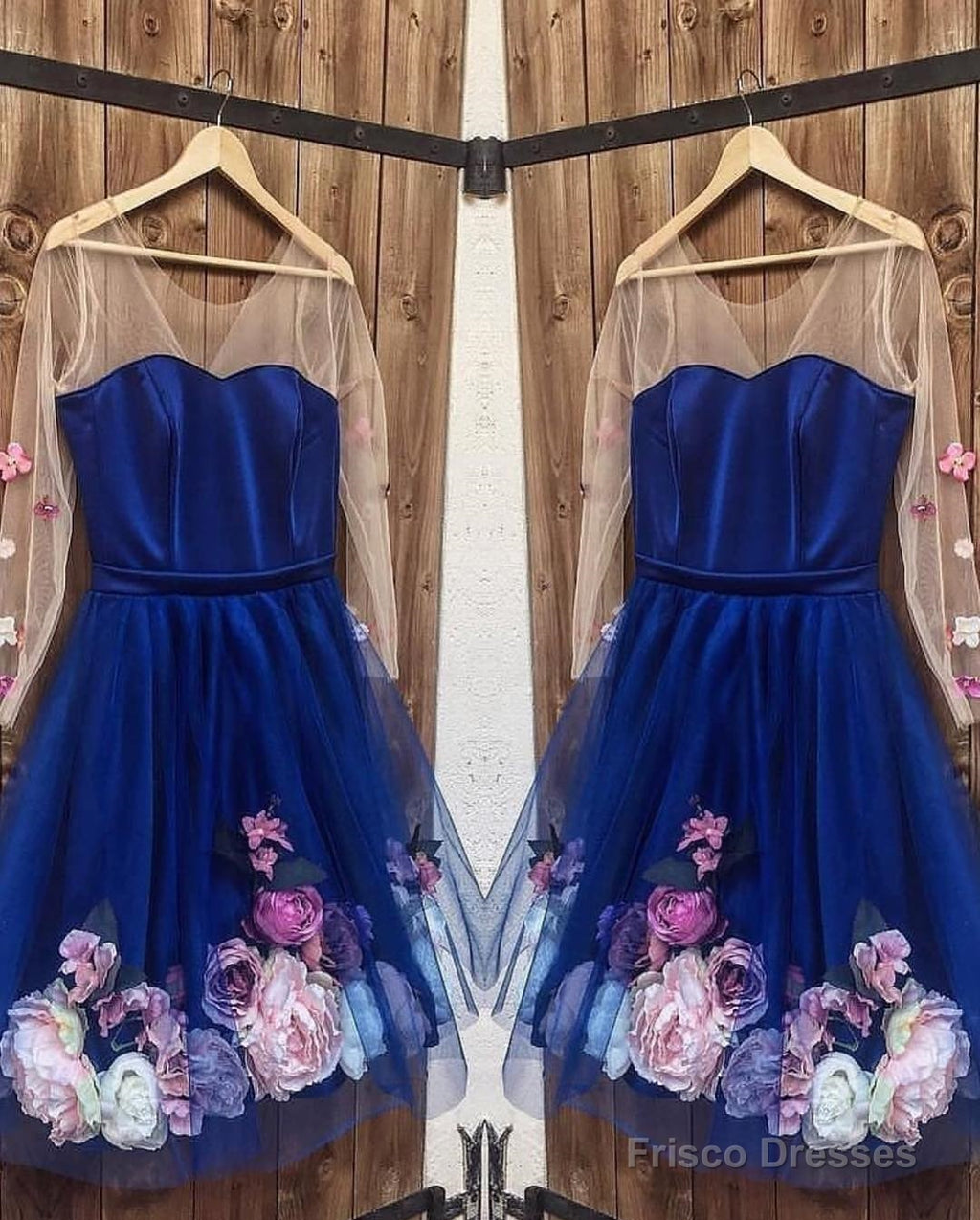Long Sleeves 3D Floral Short Blue Prom Dresses, Short Blue Formal Graduation Homecoming Dresses