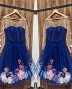 Long Sleeves 3D Floral Short Blue Prom Dresses, Short Blue Formal Graduation Homecoming Dresses