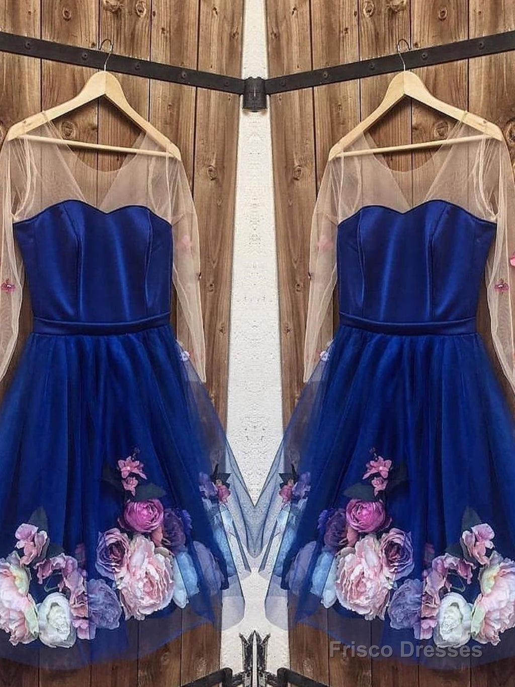 Long Sleeves 3D Floral Short Blue Prom Dresses, Short Blue Formal Graduation Homecoming Dresses