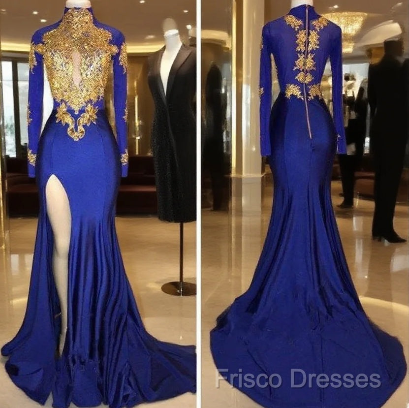Long Sleeves Blue Gold Formal Prom Dress Side Slit Formal Gowns Main image