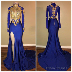 Long Sleeves Blue Gold Prom Dresses  Side Slit Evening Gowns