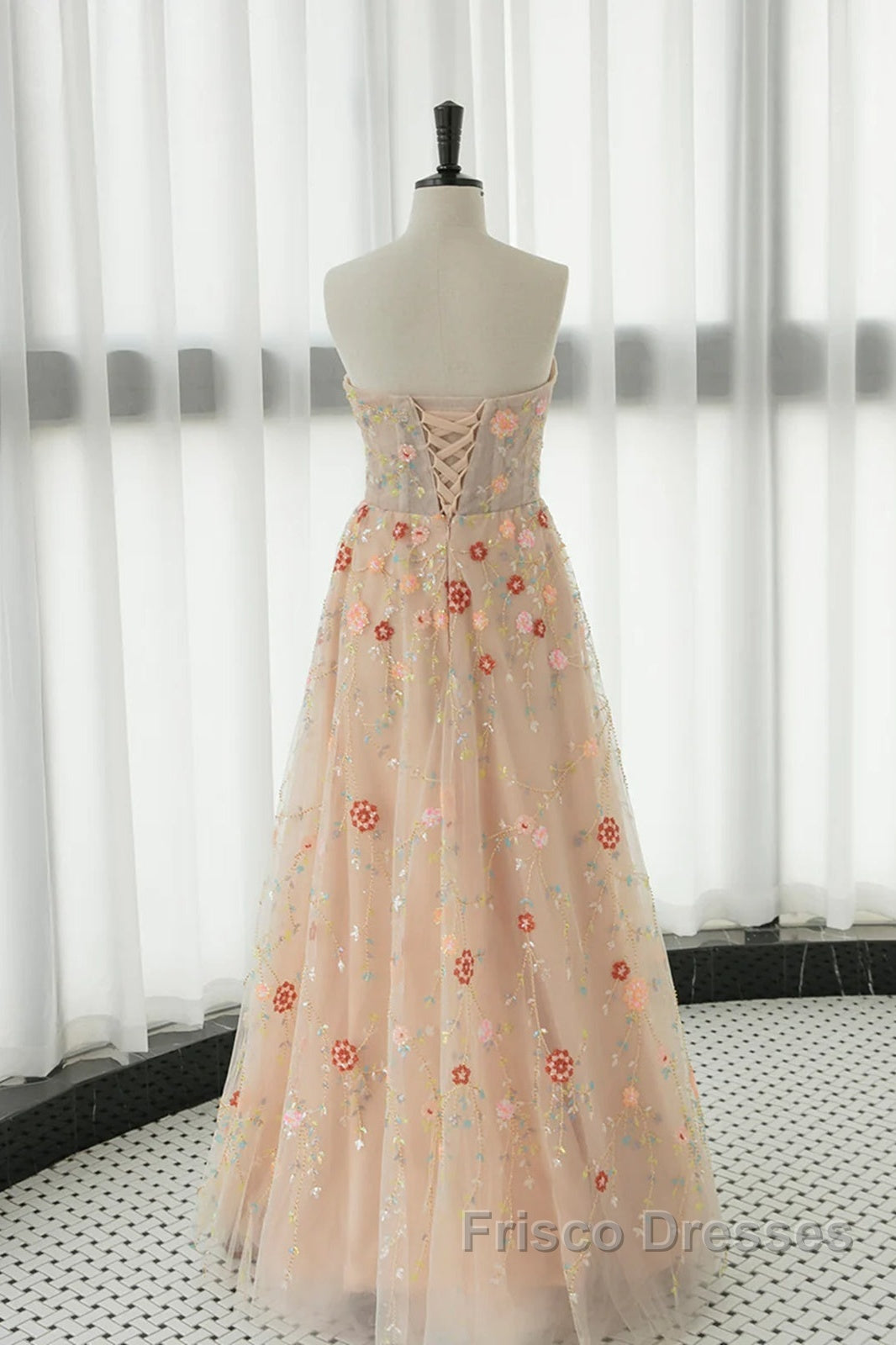 Long Sleeves Champagne Lace Floral Long Formal Prom Dress, Long Sleeves Champagne Lace Floral Formal Evening Dress Secondary image