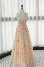 Long Sleeves Champagne Lace Floral Long Formal Prom Dress, Long Sleeves Champagne Lace Floral Formal Evening Dress