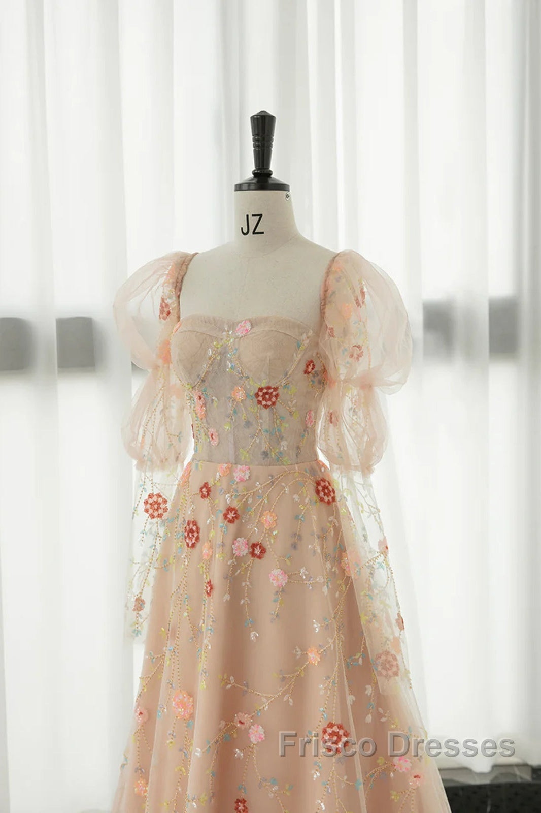 Long Sleeves Champagne Lace Floral Long Formal Prom Dress, Long Sleeves Champagne Lace Floral Formal Evening Dress