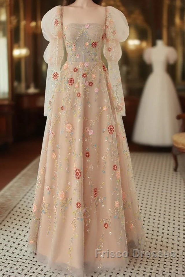Long Sleeves Champagne Lace Floral Long Formal Prom Dress, Long Sleeves Champagne Lace Floral Formal Evening Dress Main image