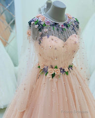 Long Sleeves Evening Dress Tulle Flowers Beaded