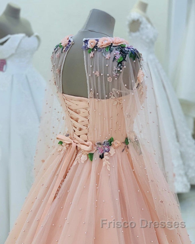 Long Sleeves Evening Dress Tulle Flowers Beaded