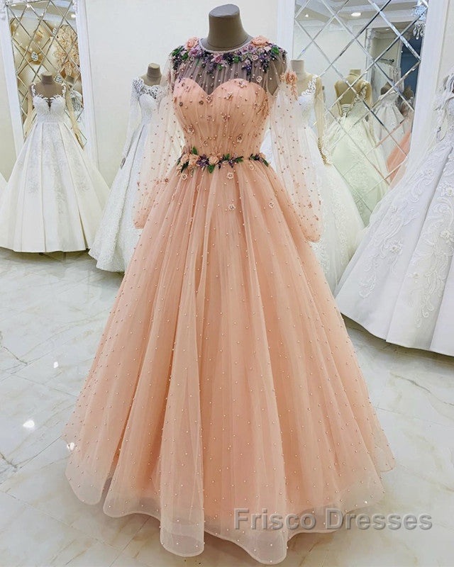 Long Sleeves Evening Dress Tulle Flowers Beaded