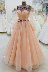 Long Sleeves Evening Dress Tulle Flowers Beaded