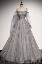 Grey Shiny Elegant Long Sleeves Long Tulle Prom Dress Formal Dress Evening Gown Graduation Dress
