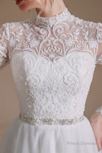 Long Sleeves High Neck with Tulle Train Full A-Line Wedding Dresses