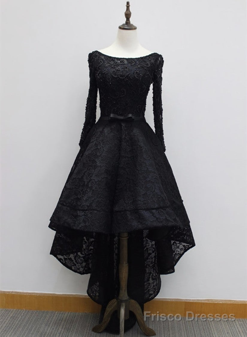 Long Sleeves Lace High Low Party Dress , Beaded Black Evening Dress Main image