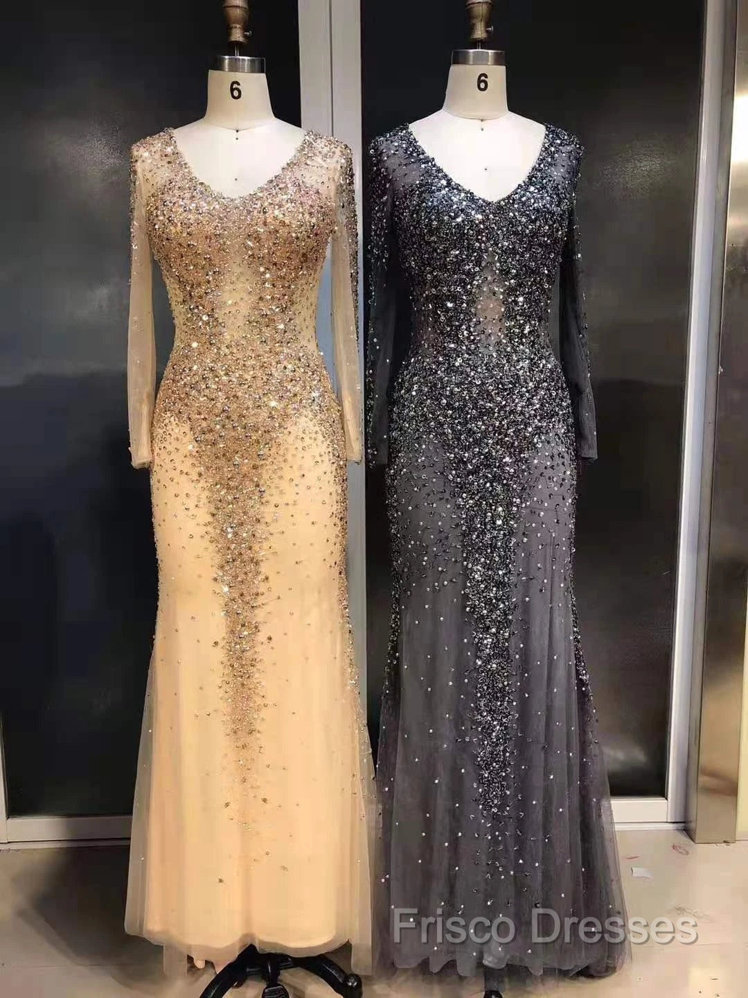 Long Sleeves Mermaid Crystals Formal Prom Dress Bling Bling Formal Gown