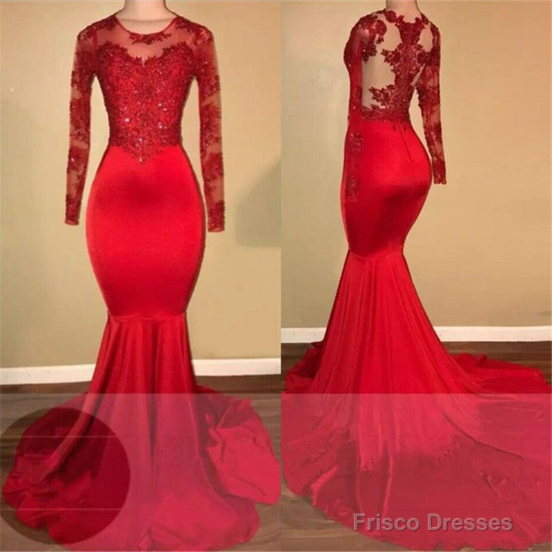 Long Sleeves Mermaid Lace Prom Dresses Red Sheer Tulle Evening Gown Secondary image