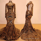 Long Sleeves Mermaid Prom Dress Gold Appliques Open Back