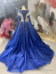 Long Sleeves Navy Blue Wedding Dresses Crystals Sequined Ball Gown Quince Dresses