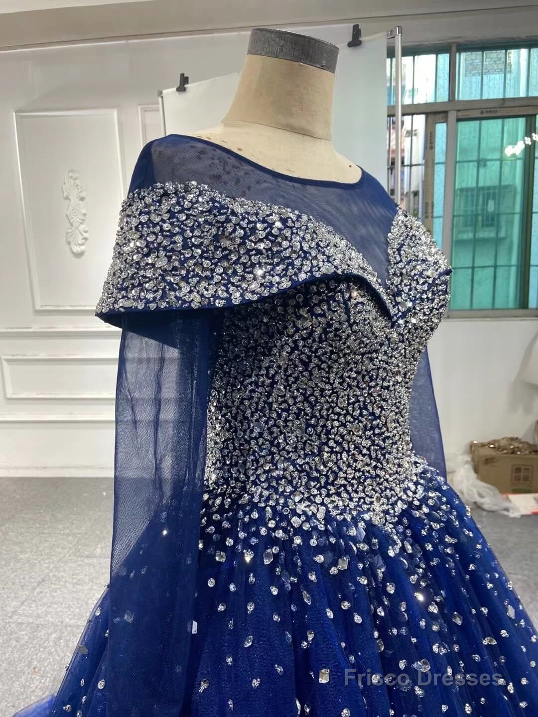 Long Sleeves Navy Blue Wedding Dresses Crystals Sequined Ball Gown Quince Dresses