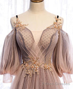 Long Sleeves Pink Tulle Long Party Dress with Lace, Pink Floor Length Prom Dress