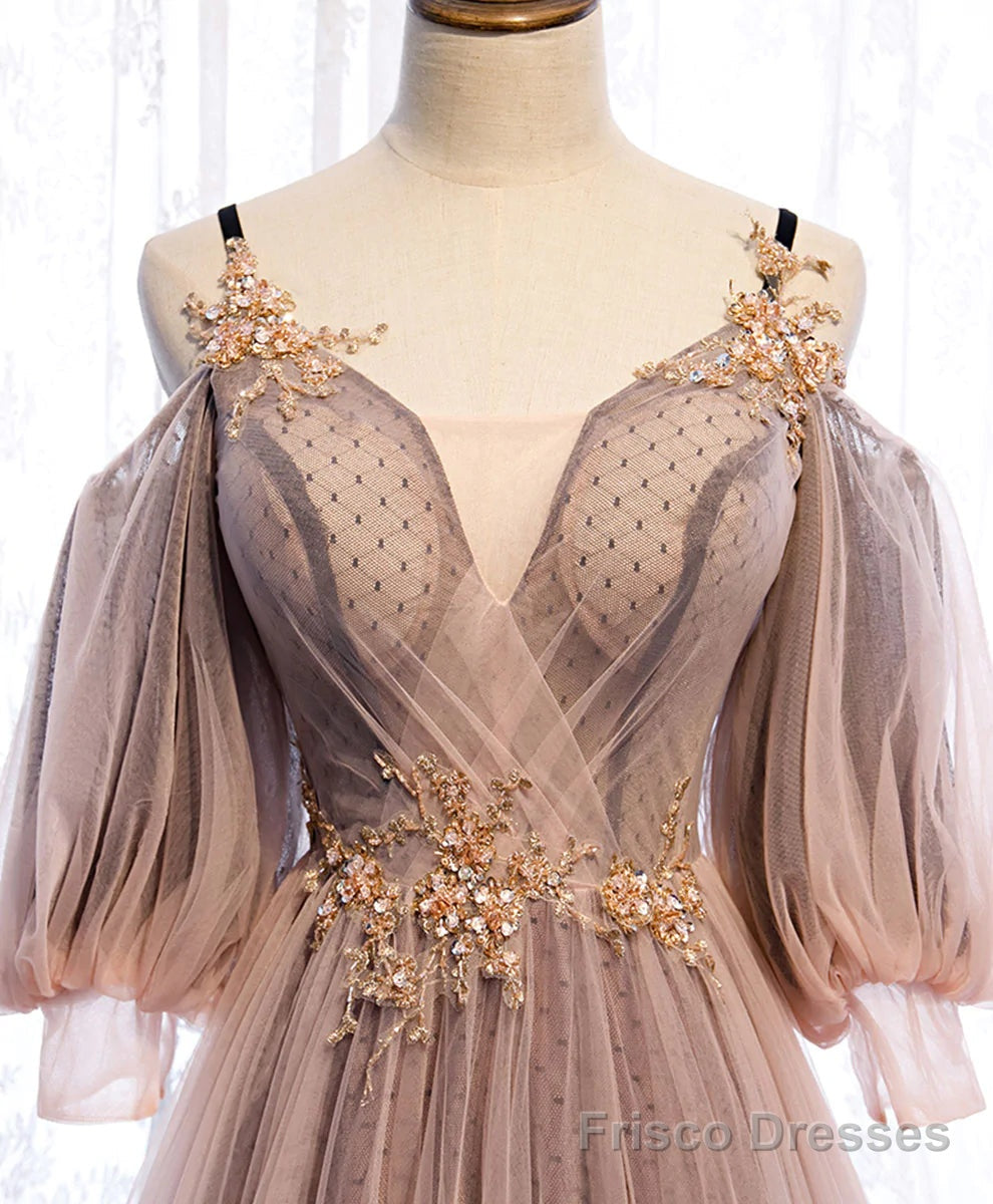 Long Sleeves Pink Tulle Long Party Dress with Lace, Pink Floor Length Prom Dress