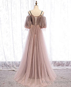 Long Sleeves Pink Tulle Long Party Dress with Lace, Pink Floor Length Prom Dress