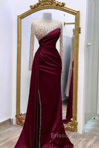 Long Sleeves Formal Prom Dress Mermaid Satin Split