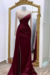 Long Sleeves Prom Dresses Mermaid Satin Split