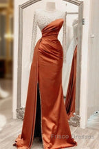 Long Sleeves Formal Prom Dress Mermaid Satin Split