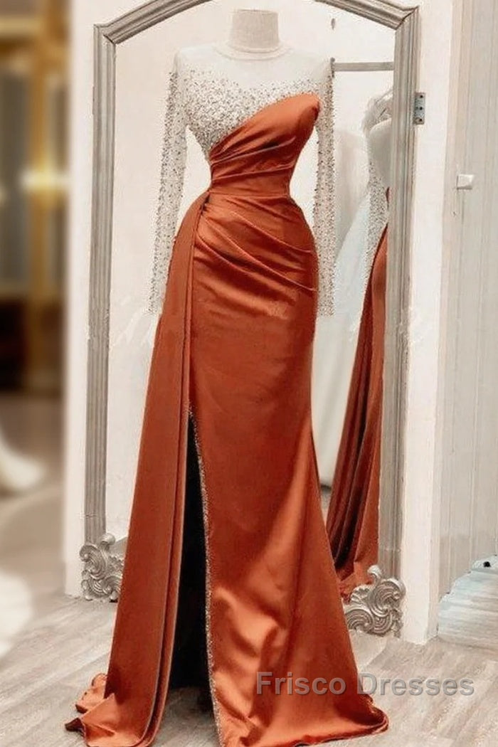 Long Sleeves Formal Prom Dress Mermaid Satin Split
