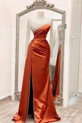 Long Sleeves Prom Dresses Mermaid Satin Split