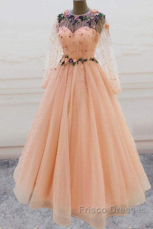 Long Sleeves Formal Prom Dress Princess Tulle Beaded