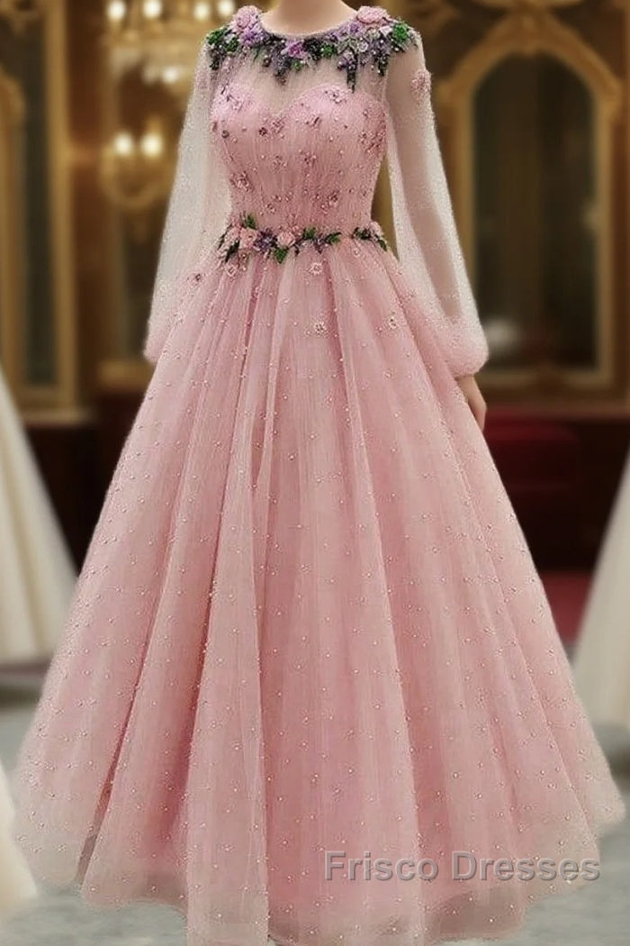 Long Sleeves Formal Prom Dress Princess Tulle Beaded Main image