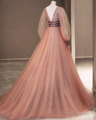 Long Sleeves Prom Dresses Tulle V Neck