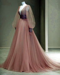 Long Sleeves Prom Dresses Tulle V Neck