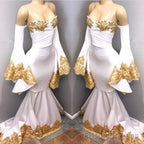 Long Sleeves Prom Party Gowns with gold appliques, mermaid evening dress