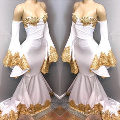 Long Sleeves Prom Party Gowns with gold appliques, mermaid evening dress