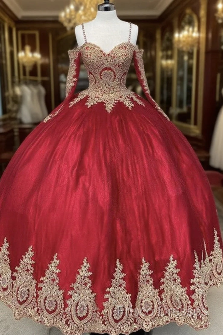 Long Sleeves Quinceanera Dress Gold Lace Appliques Off Shoulder Main image