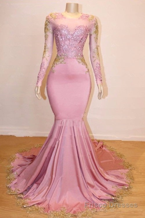 Long Sleeves Round Collar Mermaid Prom Dress Sequins Pink Long Chiffon Main image