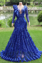 Long Sleeves Royal Blue Mermaid Ruffles V-Neck Floor Length Prom Dresses