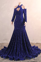 Long Sleeves Royal Blue Prom Dresses Sequin Mermaid Long Dress