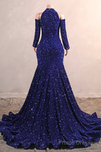 Long Sleeves Royal Blue Prom Dresses Sequin Mermaid Long Dress